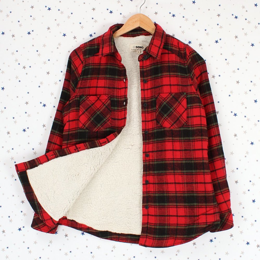 Sherpa Fur Lined Flannel Plaid Button Up Shirt Red Black Olive